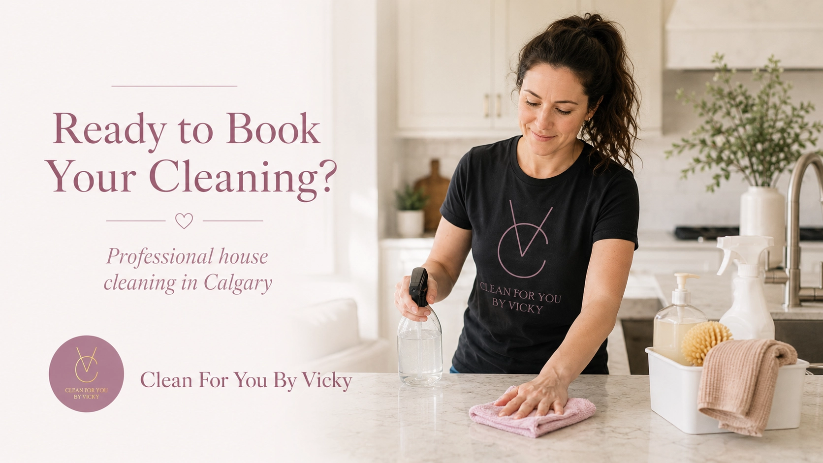 Woman cleaning a kitchen counter while wearing a Clean For You By Vicky shirt
