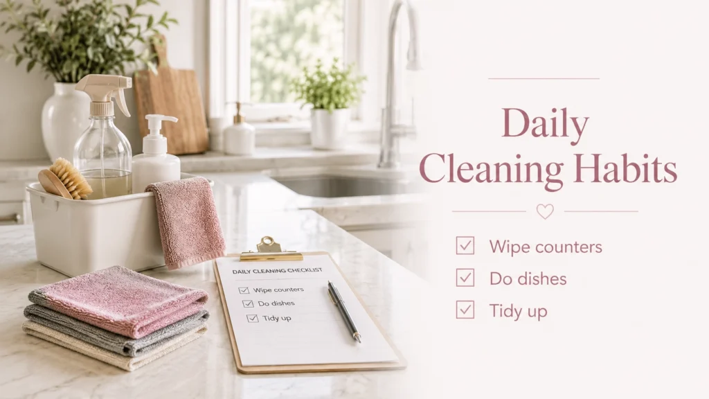 Daily cleaning habits checklist with cleaning supplies on a bright kitchen counter