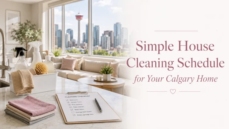 House cleaning schedule guide for a Calgary home with cleaning supplies and checklist on a kitchen counter