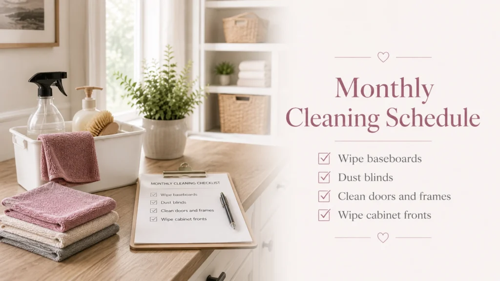 Monthly cleaning schedule graphic with cleaning supplies and checklist on a bright home counter