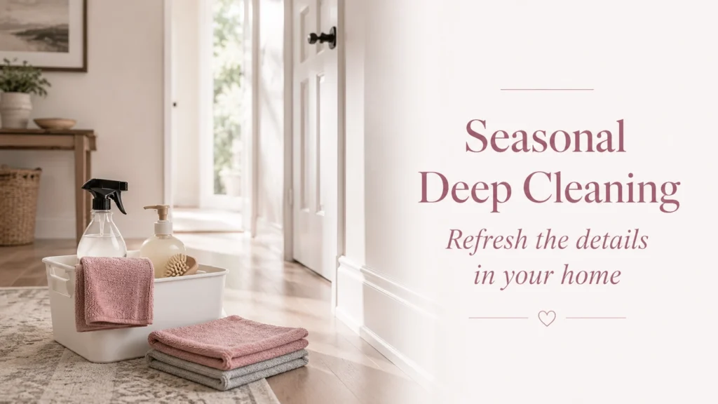 Seasonal deep cleaning image with cleaning caddy and folded cloths in a bright hallway