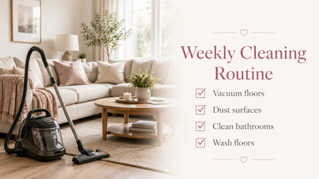 Weekly cleaning routine graphic with vacuum in a cozy living room
